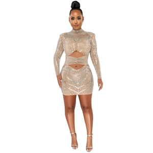 Detail of champagne mesh dress with sparkling rhinestones and waist cut-out accents