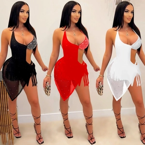 Women Sexy Halter Backless Rhinestone Fringe Dress Asymmetric Mesh Tassel Mini Dress For Party Nightclub Evening Clubwear