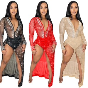Detailed comparison of deep V-neck mesh dress with rhinestones in black, red, and nude colors