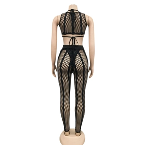 Rear view of black mesh two-piece set featuring backless crop top and high waist trousers