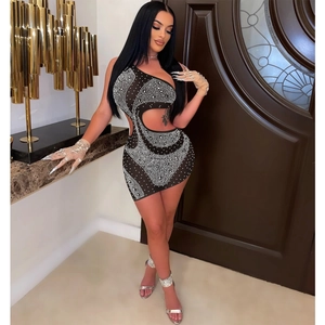Sexy black one-shoulder cutout dress with wavy silver rhinestones and matching gloves