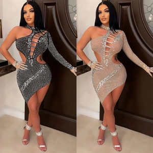 Sexy One Shoulder Rhinestone Midi Dress For Women Mesh Cutout Backless Asymmetric Hem Bodycon Party Clubwear Long Sleeve Dress