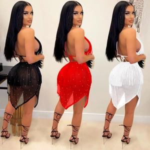 Detailed comparison of sequin fringe dresses in black, red, and white mesh fabric