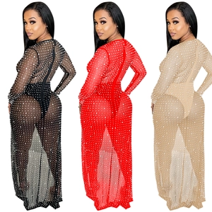 Sheer mesh long sleeve maxi dress with pearl embellishments and high split back detail