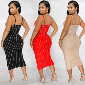 Three-color split view showing rhinestones detailing on sexy bodycon strap dresses