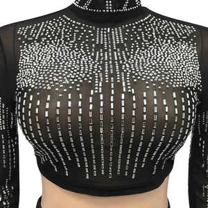 Close-up of black sheer mesh long sleeve crop top with shimmering silver rhinestone detail