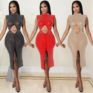 Détails de la robe en résille à strass avec col montant, découpes et fente