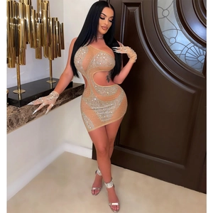 Sexy nude one-shoulder rhinestone cutout party dress with matching sparkling gloves