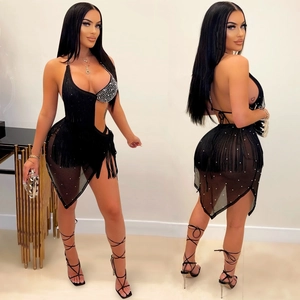 Sexy black halter tassel dress with sparkling rhinestones and sheer mesh for party wear