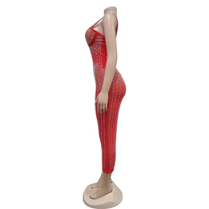 Detail view of red bodycon bodysuit featuring dense rhinestones and spaghetti straps