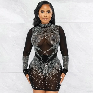 Close-up of sheer mesh panels and sparkling rhinestone patterns on a black bodycon dress