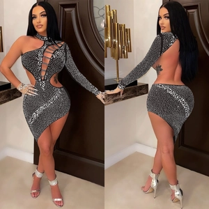 Sexy black one-shoulder rhinestone dress with cutouts and asymmetric hemline