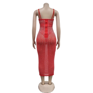 Close-up of red mesh dress showing rear zipper and vertical rhinestone embellishments