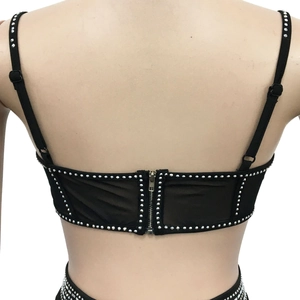 Detail of black rhinestone camisole with back zipper closure and sheer mesh texture