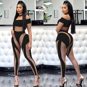 Sexy schwarzes Mesh-Patchwork-Zweiteiler-Set mit langen Ärmeln und hoher Taille für Damen