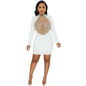 Detail of white mesh dress with pearl beads and rhinestones on semi-high collar