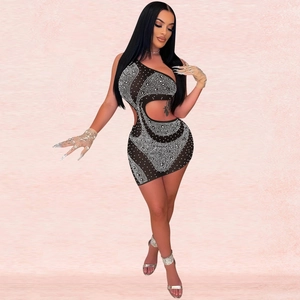 Sexy black one-shoulder bodycon dress with rhinestone patterns and side cutout detail