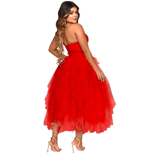 Detailed back view of a red strapless layered tulle ball gown with fluffy tiered design