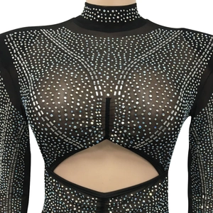 Close-up of black mesh dress with silver rhinestones and a hollow-out chest design