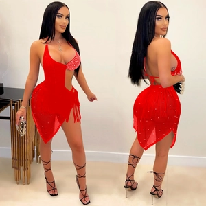 Sexy red tassel dress with rhinestone embellishment and asymmetrical hemline design
