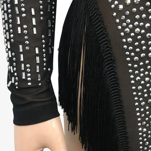 Detail of sparkling silver rhinestones and long black fringe on a sheer mesh dress