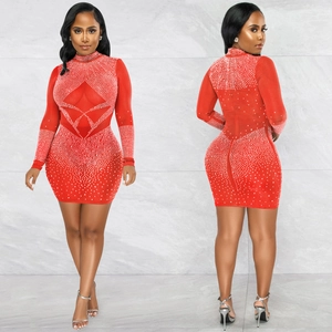 Red long sleeve bodycon mesh dress with silver rhinestones and high neck silhouette