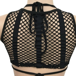 Detailed back view of black honeycomb mesh halter top with lace-up straps on mannequin