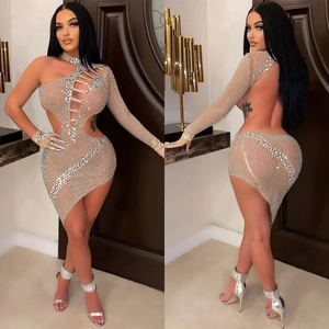 Slinky asymmetrical rhinestone mini dress with one sleeve and cutout details