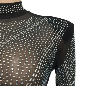 Detail of sheer black mesh dress with sparkling rhinestones and high neck design