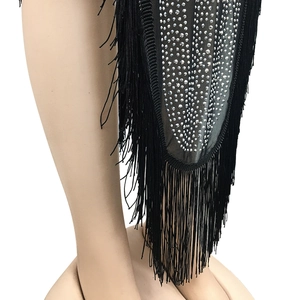 Detail of black fringe mesh skirt with sparkling silver rhinestones for sexy night club wear