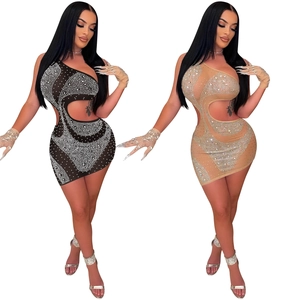 Sexy rhinestone cutout bodycon dress in black and beige with matching gloves