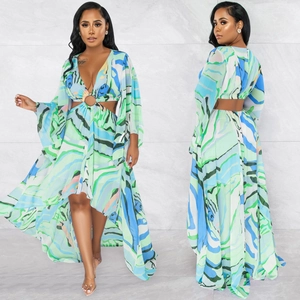 Robe longue imprimée abstraite avec col en V, manches longues et ourlet asymétrique