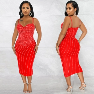 Sexy red bodycon midi dress with shimmering white rhinestones and wave patterns