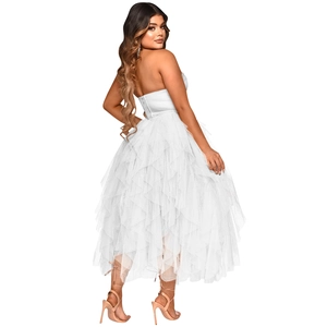Detailed back view of white strapless tulle dress showing the hidden zipper and mesh layers