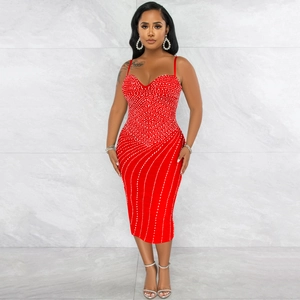 Front full view of a red bodycon dress with sparkling rhinestones and spaghetti straps