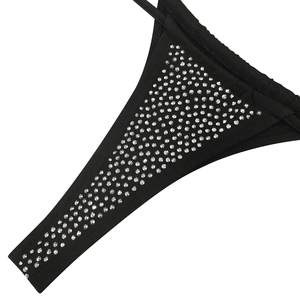 Close-up of black mesh lingerie bottoms with dense rhinestone embellishments and fine mesh