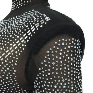 Detail of black mesh dress with glittering rhinestones and high-neck long sleeve design