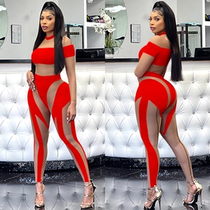 Sexy rotes Mesh-Patchwork-Zweiteiler-Set mit schulterfreiem Top und High Waist Leggings