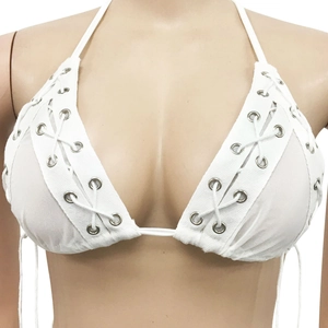 Detail of white mesh bikini top with side lace-up design and metallic silver eyelets