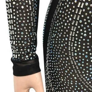 Detailed close-up of silver rhinestones on black mesh fabric with elegant sleeve cuffs