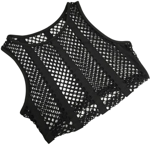 Close-up of black mesh vest featuring sheer hollowed-out fabric and vertical stripe details