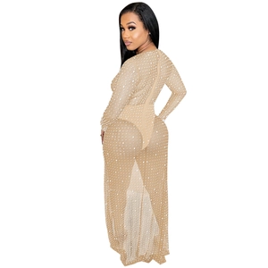 Detailed view of the sheer nude mesh maxi dress featuring white pearl embellishments and a slim fit