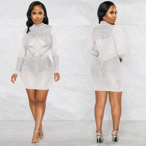 Elegant white rhinestone mesh bodycon mini dress featuring long sleeves and a mock neckline