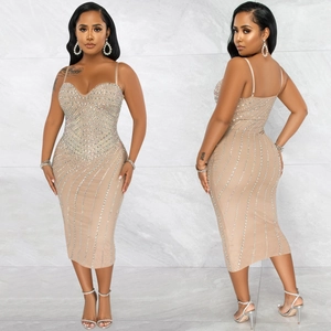 Nude bodycon rhinestone midi dress with spaghetti straps and heart neckline