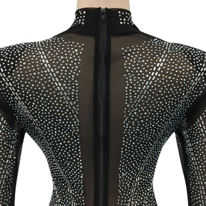 Close-up of sparkling rhinestones on black sheer mesh dress with back invisible zipper detail