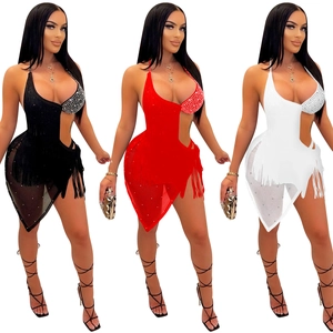 Detailed comparison of backless mesh dresses in black, red, and white with sequin tassels