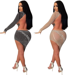 Sexy rhinestone two-piece set with backless long sleeve top and asymmetric mini skirt