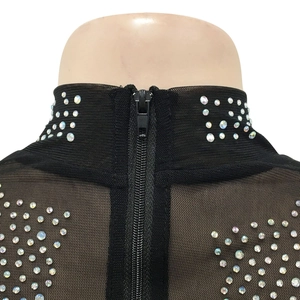 Detail of high collar mesh dress with back zipper and sparkling rhinestone embellishments