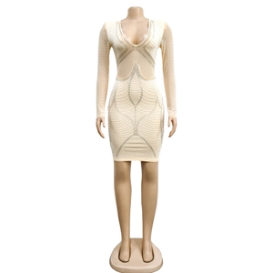 Detail of sheer mesh dress featuring intricate silver rhinestone patterns and sexy V-neck