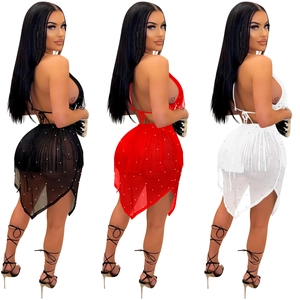 Sexy backless halter tassel dress with sparkling rhinestones in black, red and white colors